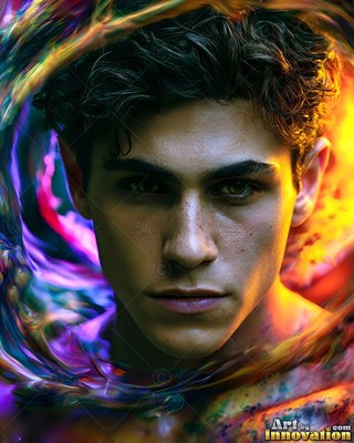 Looking forward, a dark-haired man is framed by swirling yellow and purple smoke