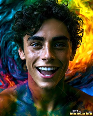 Smiling man dusted with blue and yellow powder