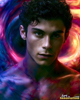 Dark curly hair frames the face of a shirtless man before swirling blue and pink smoke