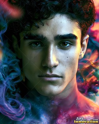 A young man stares forward, surrounded by curling blue and red smoke