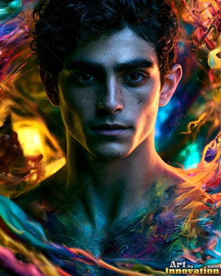 Facing forward in dark space, a shirtless man surrounded by blue and gold smoke
