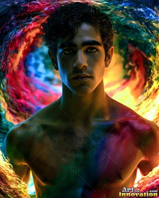 A bare-chested man stands surrounded by a swirl of bright red and yellow smoke