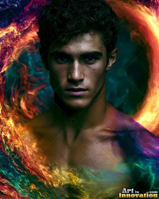 In a dark space, a shirtless man is circled by swirling orange and green smoke