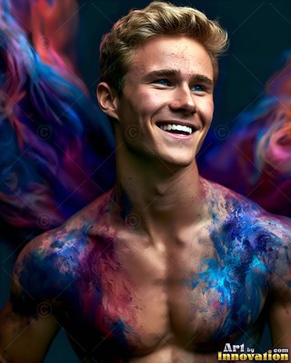 Smiling broadly, a shirtless blond man is covered in swirling blue and pink powder