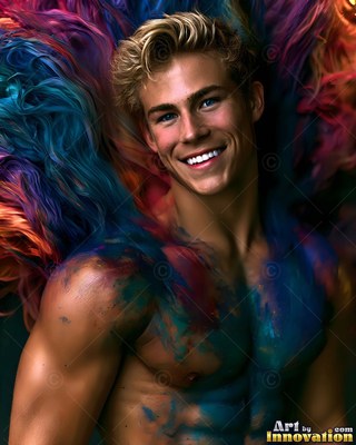 Smiling shirtless man covered in blue and red powder smoke