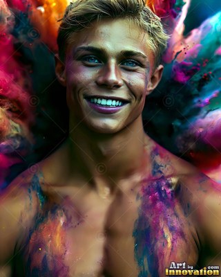 Smiling blond man with bare shoulders surrounded by clouds of pink and blue powder