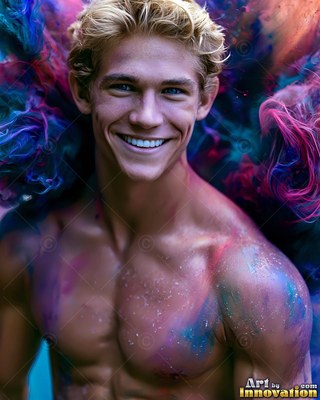 A smiling blond man poses with purple and blue powder drifting around him