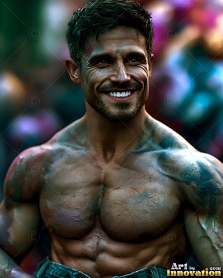 Facing forward indoors, a shirtless man with a smile is dusted with green powder