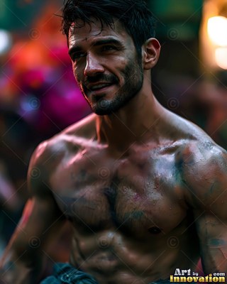 A grinning shirtless man with dark hair has colorful powder on his skin