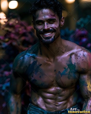 In dark soft light, a smiling shirtless man is smudged with green and purple powder