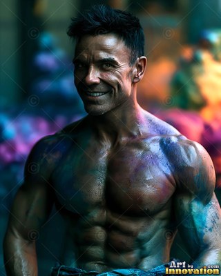 Smiling at the camera, a muscular man without a shirt stands dusted in blue powder