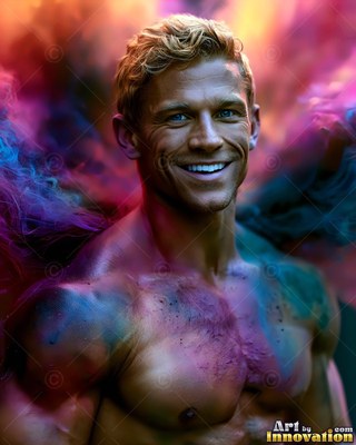 A smiling blond man dusted in pink and blue powder