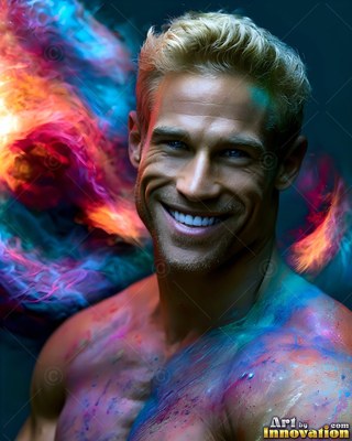 Short blond hair frames a smiling shirtless man with colorful powder on his skin against swirling smoke
