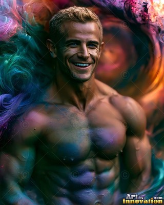 A grinning shirtless man stands framed by swirls of pink and orange smoke