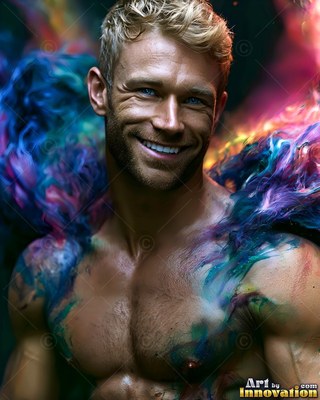 Facing forward in the dark, a smiling blond man wears blue smoke across his chest