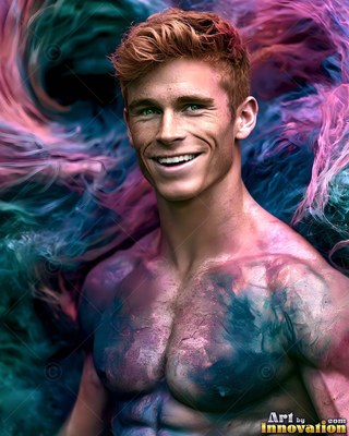 A grinning shirtless man with pink and teal powder on his chest