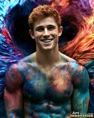 In swirls of red and blue powder, a smiling shirtless man is painted with color