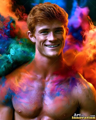 Smiling widely, a shirtless red-haired man stands in clouds of orange and blue powder