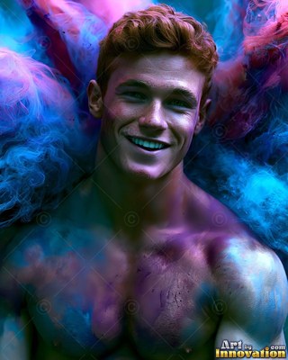 Smiling man covered in blue and pink powder clouds
