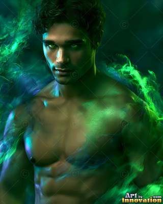 Bright green eyes look forward as a man without a shirt stands in swirls of green smoke