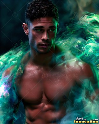 A shirtless man looks ahead as bright green smoke swirls across his chest
