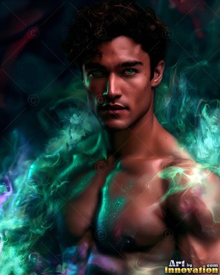 Turned toward the front, a shirtless man stands in swirls of green smoke