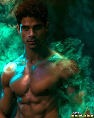 A man without a shirt stands facing forward surrounded by bright green smoke