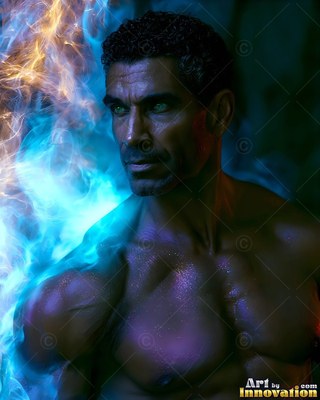 In the dark, a shirtless man looks sideways beside blue smoke and orange sparks
