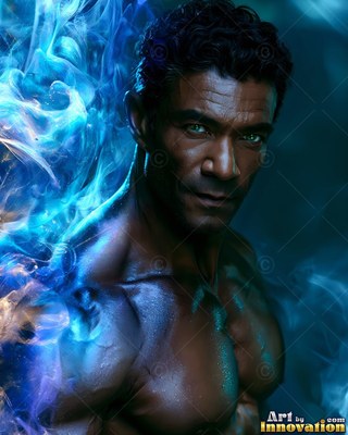 Looking forward, a bare-chested man stands in swirls of blue and gold smoke