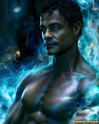 Shirtless man surrounded by blue and gold smoke