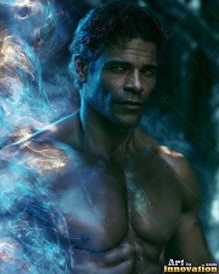 Green eyes on a shirtless man standing in swirling blue and gold smoke
