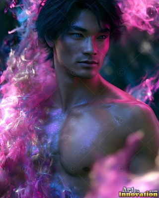 A shirtless man looks away as bright pink smoke swirls across his bare chest