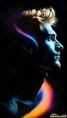 A man in profile looks up into the dark near arcs of blue and orange dust