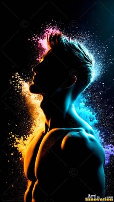 In the dark, a shirtless man looks up beside bursts of yellow and blue powder