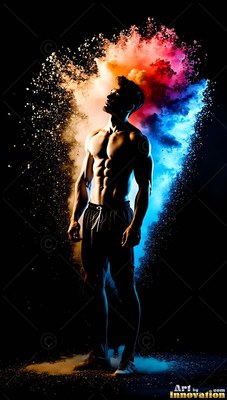 Looking up into colorful powder, a man without a shirt stands in blue and orange dust