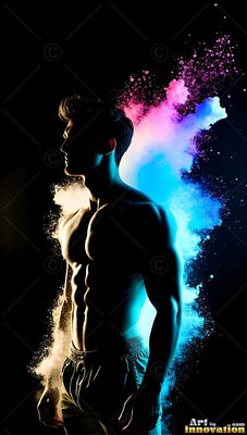 Shirtless man in profile with pink and blue powder exploding behind him