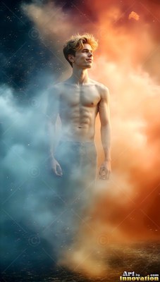 Blond hair swept up, a shirtless young man stands between blue and orange smoke clouds