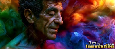 A man closes his eyes in profile beside clouds of bright orange and blue smoke