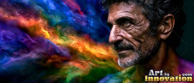 In profile in the dark, an older man looks toward swirls of bright smoke