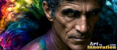 An older man looks forward with bright swirl of colorful smoke by his head