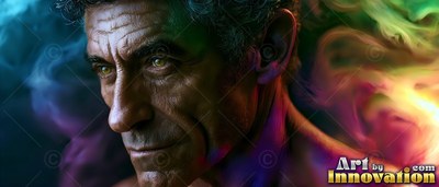 Against dark colorful smoke, an older man looks aside with a faint smile