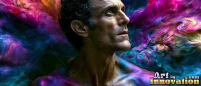 Looking upward, a shirtless man is surrounded by purple and blue smoke clouds