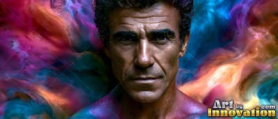 A man looks ahead as colorful smoke swirls behind him
