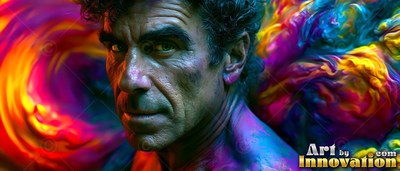 Dark curls frame the face of a man looking forward through swirling blue and gold smoke