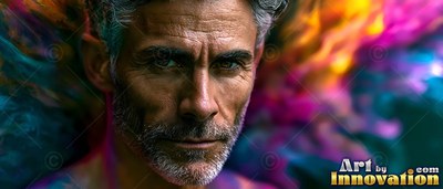A gray-haired man stares ahead as pink and yellow powder clouds swirl behind him