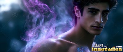 Turned to the side, a shirtless man stands in darkness with purple smoke behind him