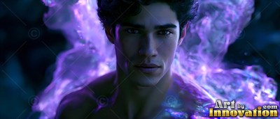 A shirtless man with dark hair looks ahead surrounded by purple smoke
