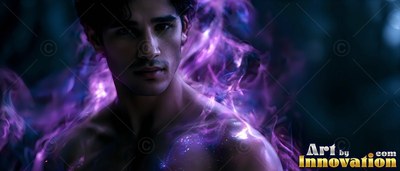 In the dark, a shirtless man is surrounded by swirling purple smoke