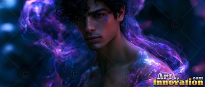 Looking forward, a shirtless dark-haired man is wrapped in purple and blue smoke