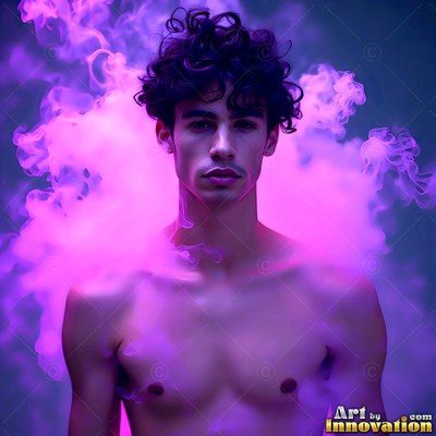 Shirtless man surrounded by pink and purple smoke clouds